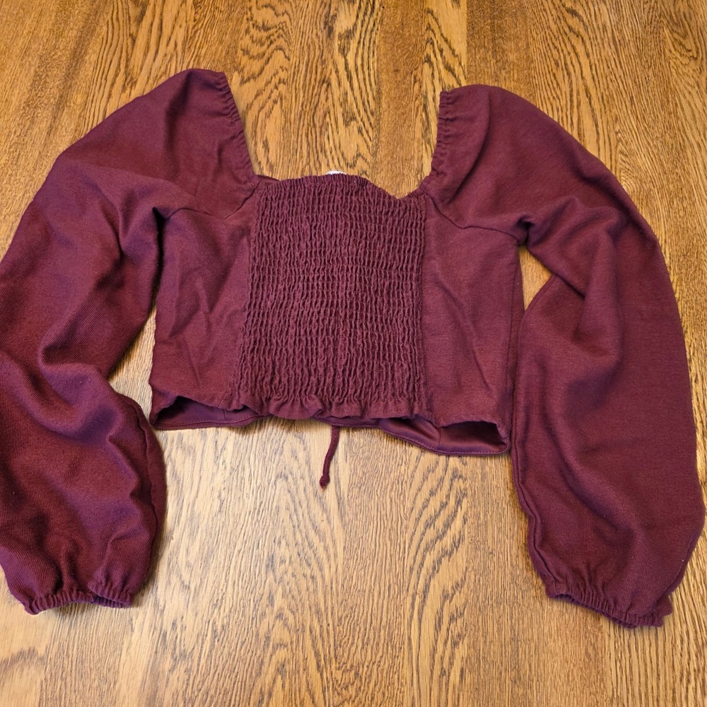 Kirious Crop Top Burgundy Long Sleeve Square‎ Neck Lace Up Smocked Boho Coquette - Picture 7 of 10